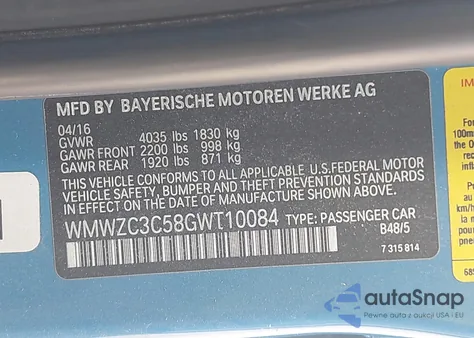 2016 Mini Countryman Cooper S from USA, damaged, VIN WMWZC3C58GWT10084